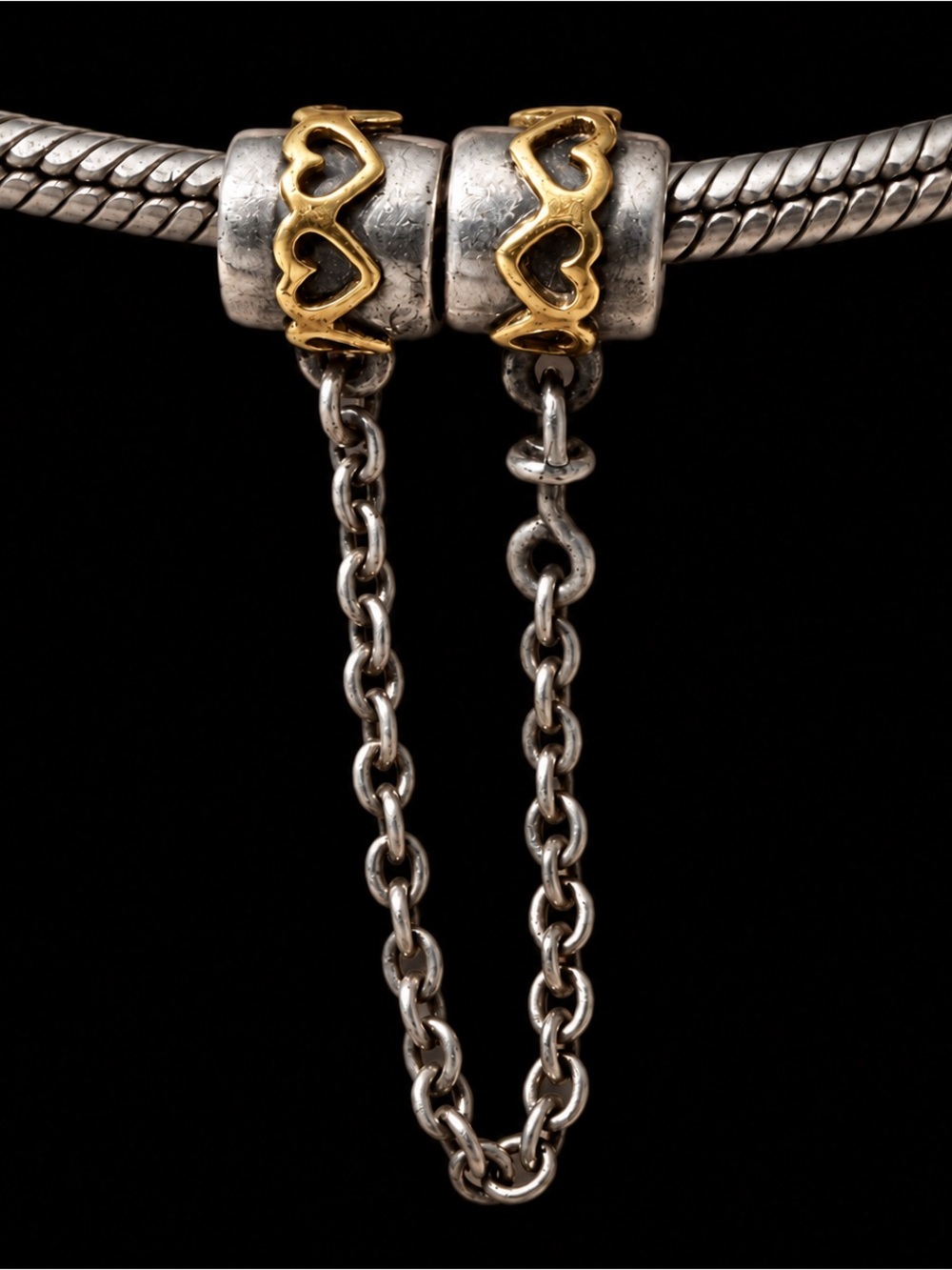 Pandora 790307 Two-Tone 14K Gold Hearts Safety Chain Retired 925 ALE